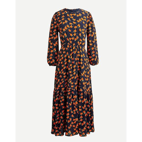 J.CREW Navy Blue Poppy Fields Flowy Tiered Midi Dress Women's Size 8 Midi Flower - Picture 9 of 10